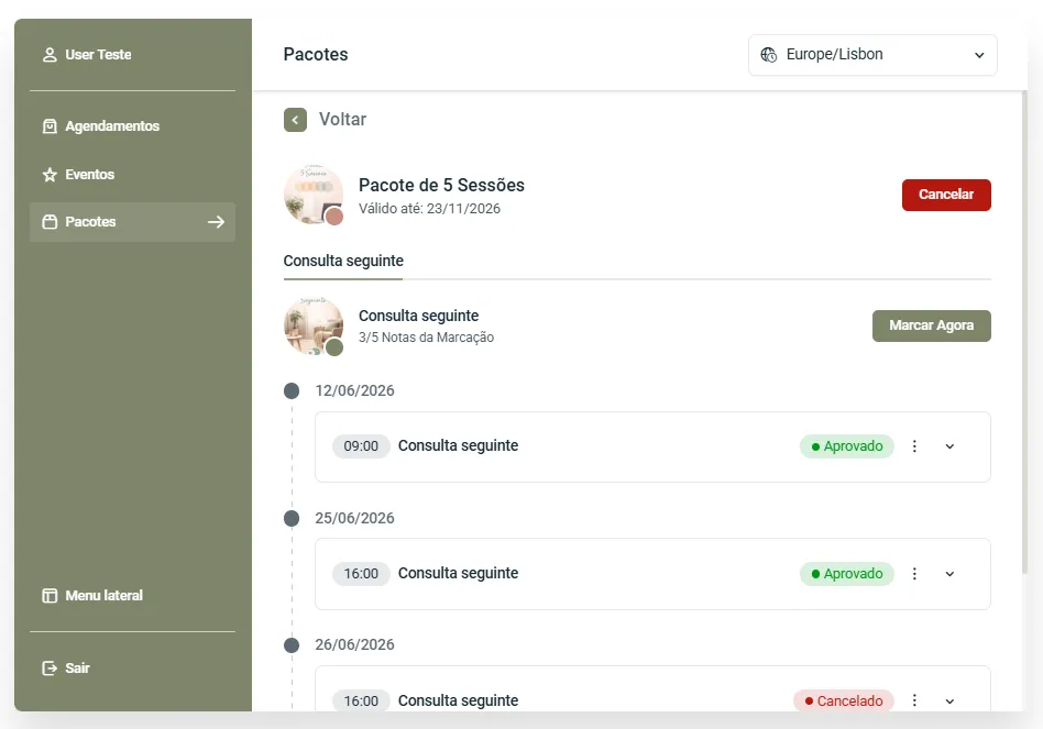 sessões do pacote na área de cliente